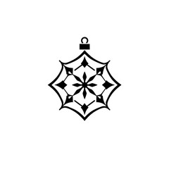 Stylized black and white ornament illustration featuring an eight-pointed starburst design, suspended from a stylized loop.