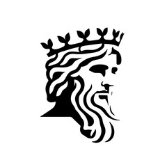 ancient sea king profile with crown black and white mythical illustration