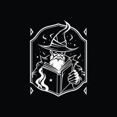 Dark Wizard Reading a Magic Book - Monochrome Vector Illustration