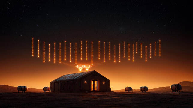 Wireless Technology and Future WiFi Concept, futuristic Mars colony with glowing signals and advanced technology