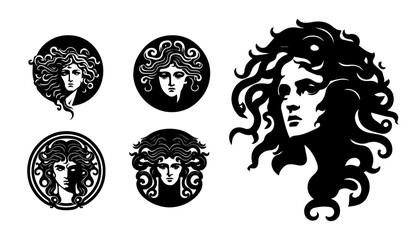 medusa head illustrations with snake hair black and white mythological vector set © Aisha Kudorova