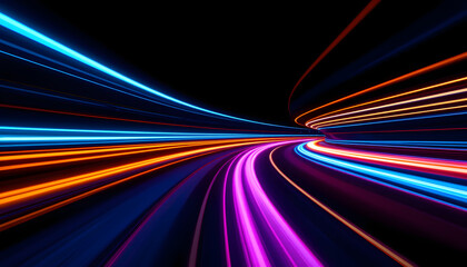 Dynamic Neon Light Trails Forming Abstract Lines, Representing Speed, Technology, Energy, and Creative Digital Motion
