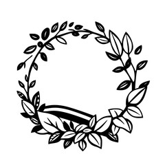 Elegant Black and White Circular Floral Frame with Decorative Leaves, Embellishments, and a Clean, Minimalist Design.