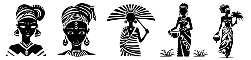 african women in traditional dress and accessories in elegant black vector silhouette