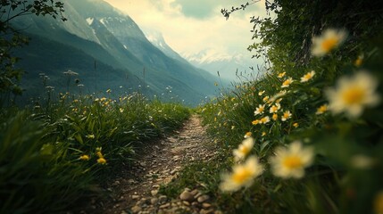 Serene Mountain Path Wildflowers and Tranquil Scenery
