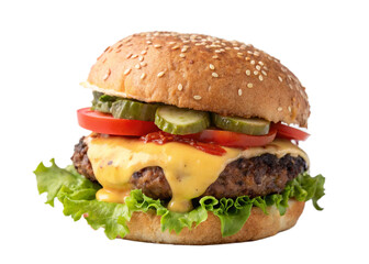 scrumptious cheeseburger with a golden sesame bun, fresh veggies, and tangy sauce
