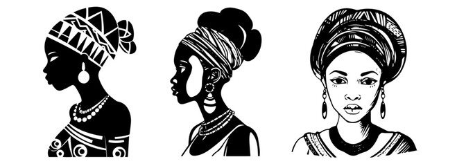 african woman portraits with headwrap vector black shape silhouette
