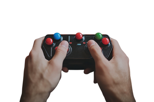 Immersed In The Thrill Of The Game, Hands Grip A Sleek Black Controller, Vibrant Buttons Hinting At An Exciting Virtual World Isolated on Transparent Background