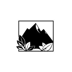 Black and White Square Logo Design: Mountain Peaks Silhouette with Leafy Green Foliage Element