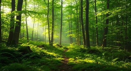 Obraz premium Lush Green Forest with Sunbeams, Trees, Path, and Ferns
