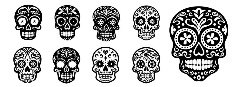 traditional mexican sugar skulls set black and white decorative vector collection