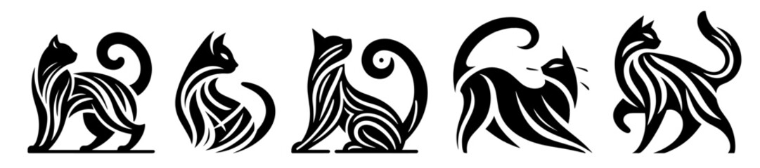 decorative tribal cat silhouettes in dynamic black silhouette vector