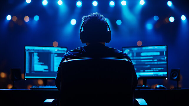 person wearing headphones sits in front of dual computer screens, immersed in video editing software, with blue stage lights illuminating scene