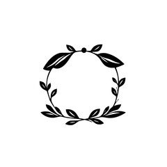 Minimalist Black Leaf Wreath Illustration on White Background, Circular Floral Design for Decorative Use.