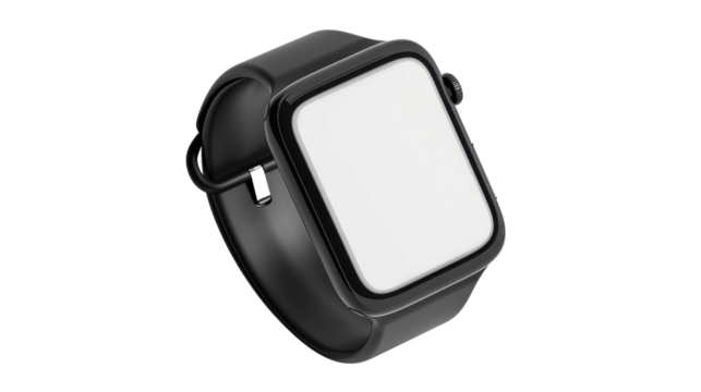 Black smartwatch with blank screen showing on transparent background