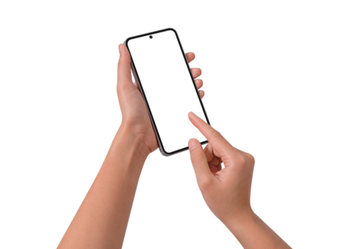 Hand using smart phone isolated on transparent background.
