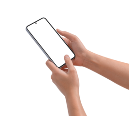 Hand using smart phone isolated on transparent background.
