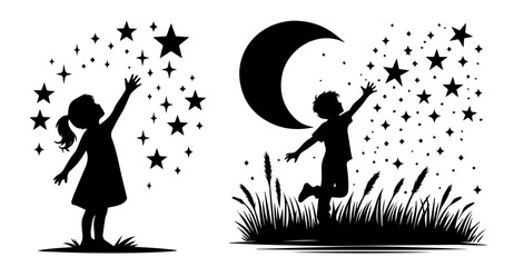 children reaching for stars and moon silhouette vector illustration