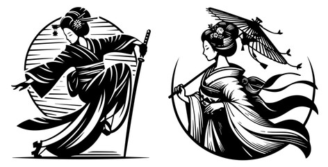 japanese geisha and samurai in traditional clothing black and white vector illustration