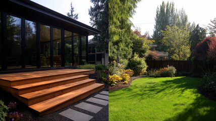 Modern house exterior with wooden steps and landscaped garden, showcasing serene outdoor space with lush greenery and vibrant flowers