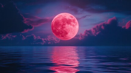 A red moon is floating in the water