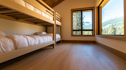 Naklejka premium Modern wooden bunk beds in bright room with large windows showcasing scenic view of mountains and trees. space feels cozy and inviting, perfect for relaxation