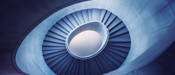 An abstract skyward view of a modern spiral staircase, bathed in cool blue tones, conveying elegance and futuristic architectural design.