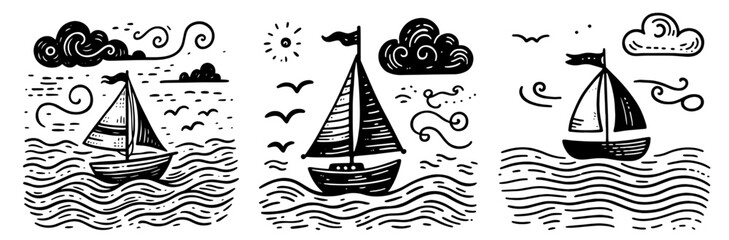 hand drawn black and white sailboat illustrations with waves and clouds