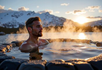 Man relaxing in hot spring with mountain view - wellness concept for mental health articles, stress relief websites and content about therapeutic self-care practices for men
