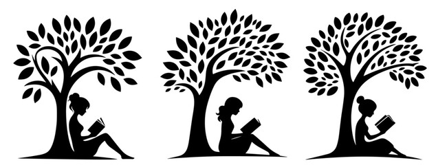 black and white silhouette of woman reading under tree vector set
