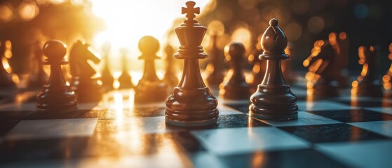 A close-up view of a chessboard at sunset, featuring beautifully crafted chess pieces