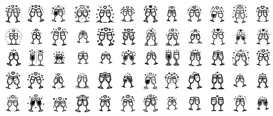 hand drawn black and white champagne glass toast vector icon set