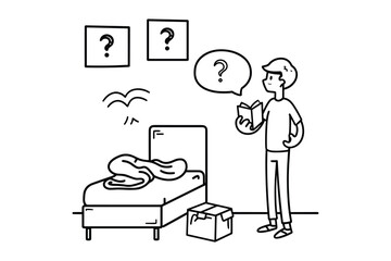 Conceptual Illustration of Man in a Room with a Question Mark - Black and White Sketch