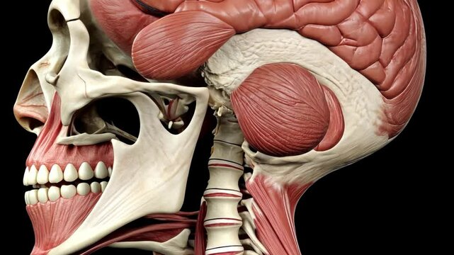 Detailed anatomical illustration showcasing the human skull and cranial muscles from a lateral perspective