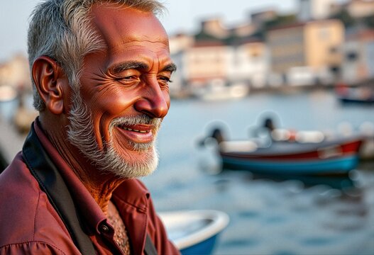 Senior man with silver beard by harbor - aging well concept for articles on mental health in later life, wisdom, contentment and maintaining positive outlook through retirement