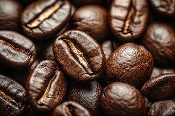 Naklejka premium Coffee beans scattered on rustic wooden table with morning sunlight casting soft shadows.