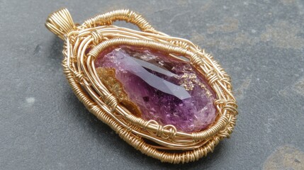 Naklejka premium A detailed view of a handmade amethyst pendant with a delicate wire-wrapped frame.