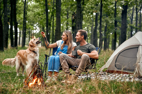 A couple delights in camping alongside their cherished dog amid a serene and beautiful forest