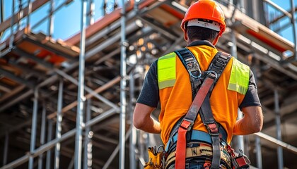 A construction worker in safety gear observes ongoing work at a construction site