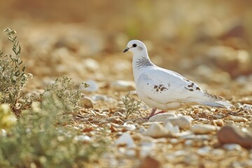 Fototapeta premium White dove walking on a rocky ground near green plants