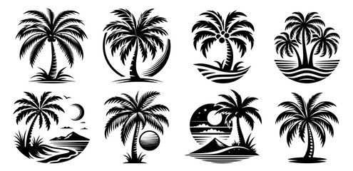 collection of tropical palm tree silhouettes with moon and island scenery in black and white © Aisha Kudorova