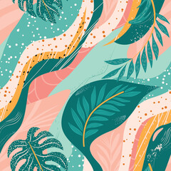 Vibrant tropical foliage pattern showcasing bold colors and abstract shapes in a modern design