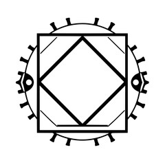 Intricate geometric monochrome design: concentric circle, square, and diamond arrangement with cog-like elements and stylized eye details.