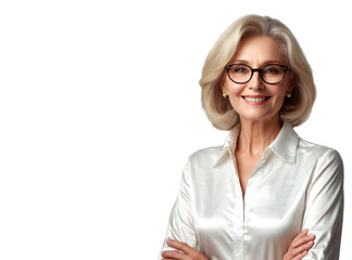 Obraz premium Mujer rubia, madura y profesional, con blusa elegante y gafas, sobre fondo blanco. La imagen proyecta una actitud confiada y profesional, ideal para proyectos de negocios, educación o formación. 