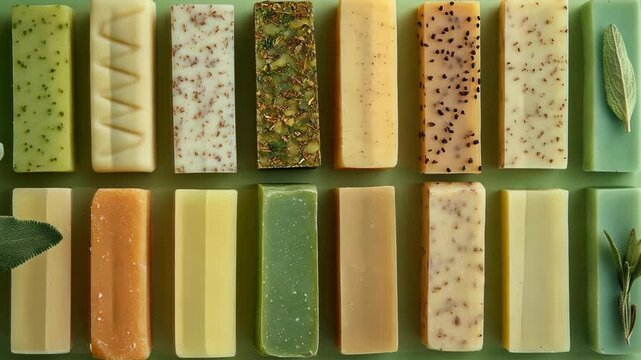 Handmade soap collection displayed on a green background with various colors and textures highlighting natural ingredients