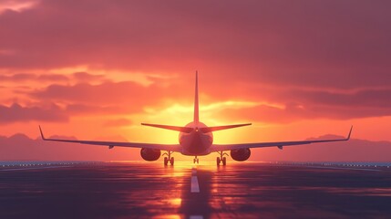 Airplane Landing at Sunset Against Dramatic Sky and Clouds