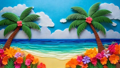 Colorful felt art of a tropical beach scene with two palm trees.