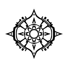 Fototapeta premium Geometric Black and White Mandala-Style Compass Design with Ornamental Details and Pointed Elements.