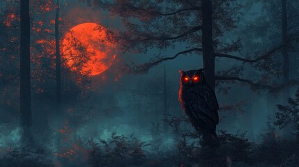 A red moon lights up a gothic forest shrouded in mist, glowing red owl eyes pierce the darkness, creating an eerie atmosphere