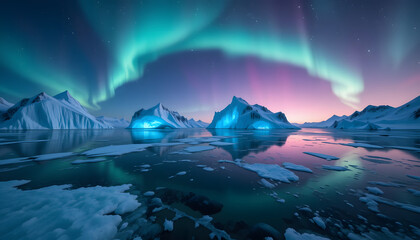 Breathtaking view of the Northern Lights glowing over a snow-covered Arctic mountain landscape, reflecting on the icy surface, creating a mesmerizing night scene
